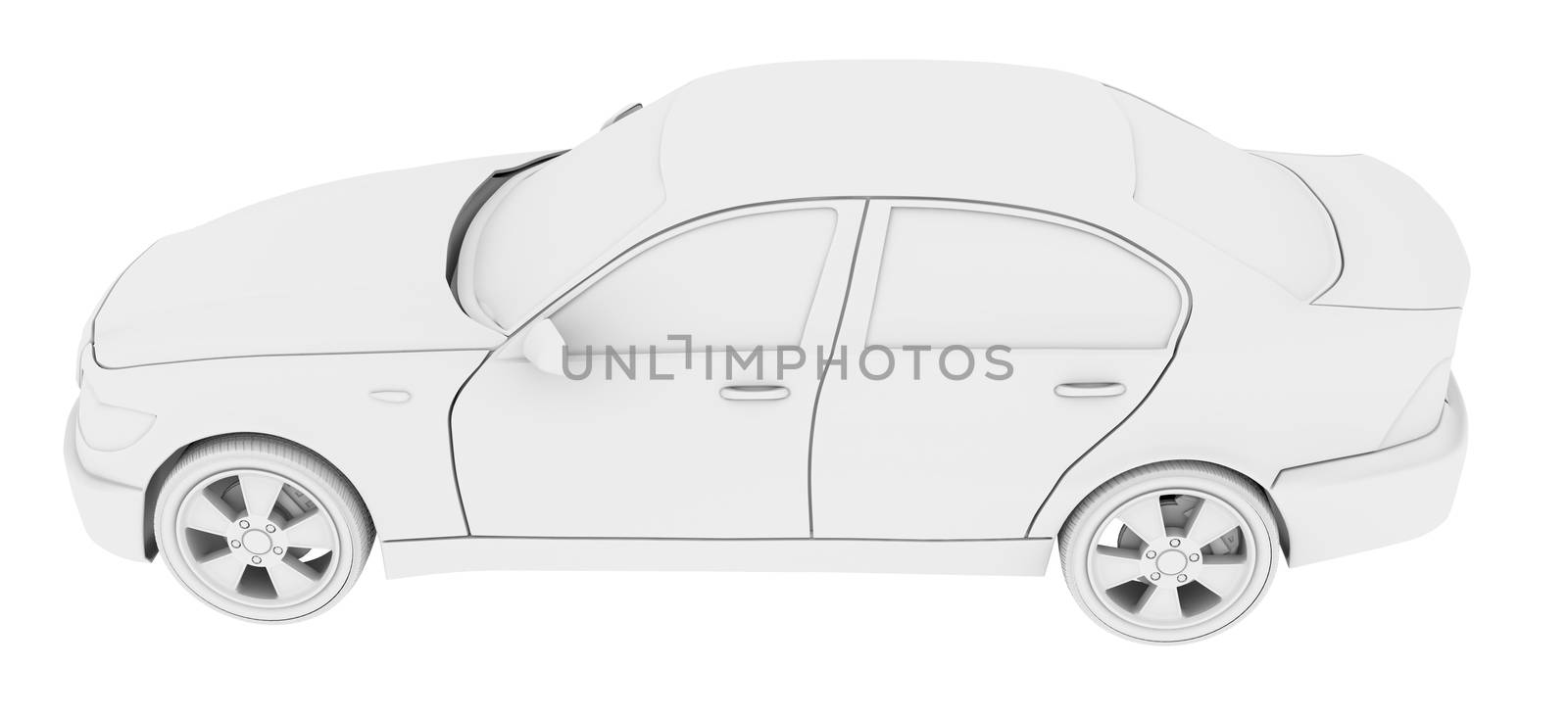 Car model with wheels on isolated white background, side view