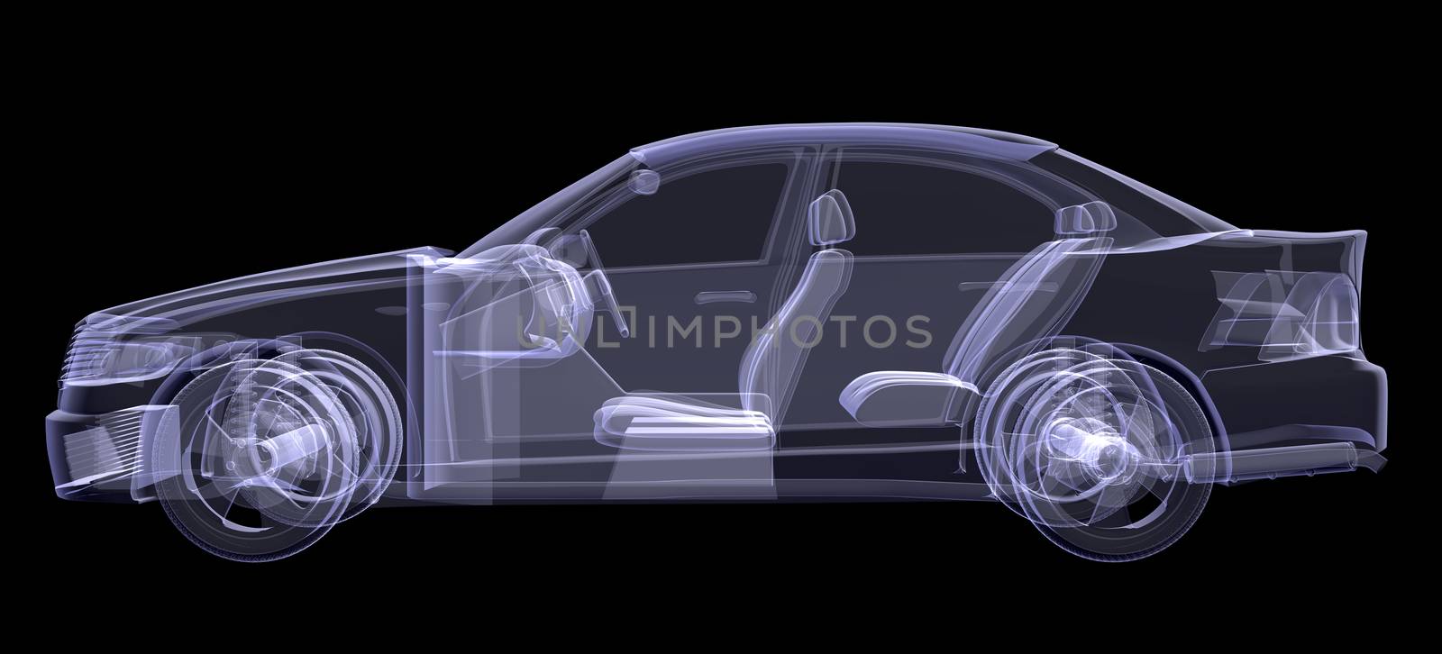 X-ray of car on isolated black background, side view