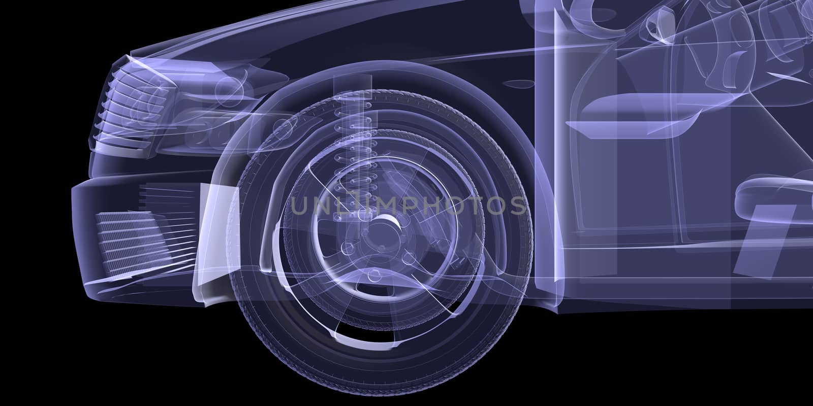 X-ray of car model on isolated black background, close up view