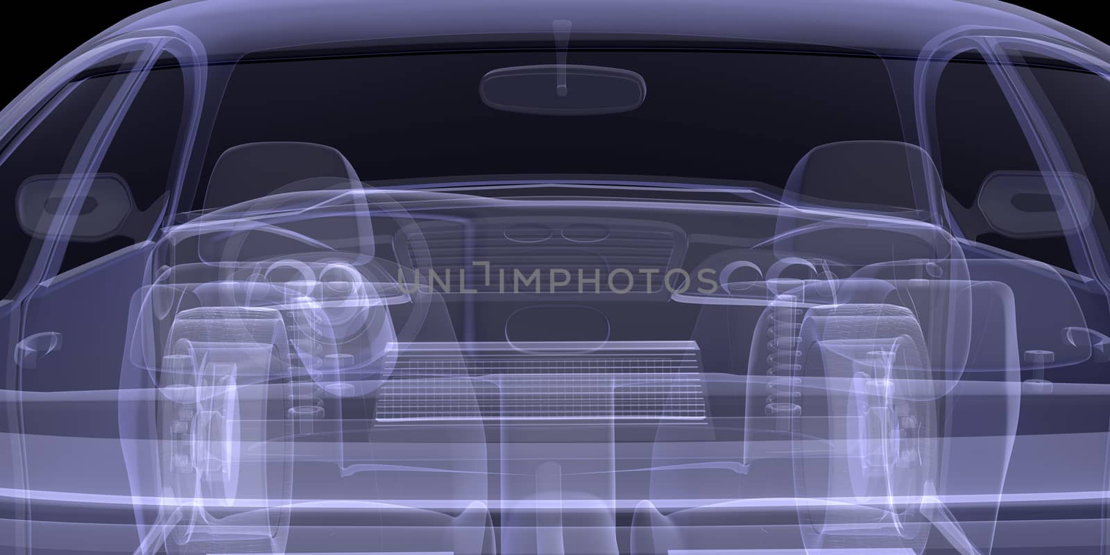 X-ray of car model on isolated black background, front view