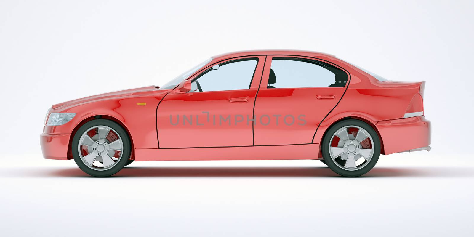 Red car on isolated white background, side view