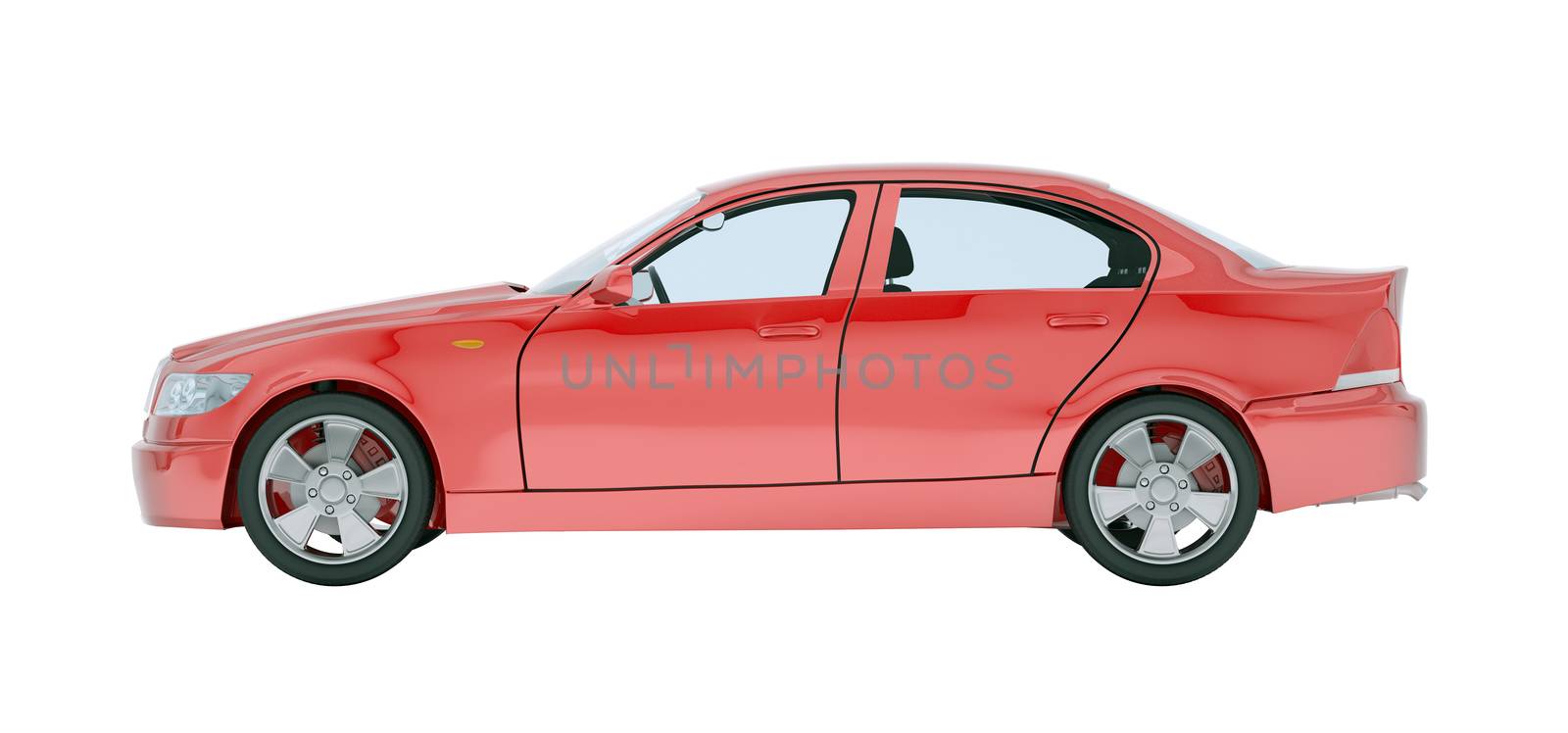 Red car on isolated white background, close-up view