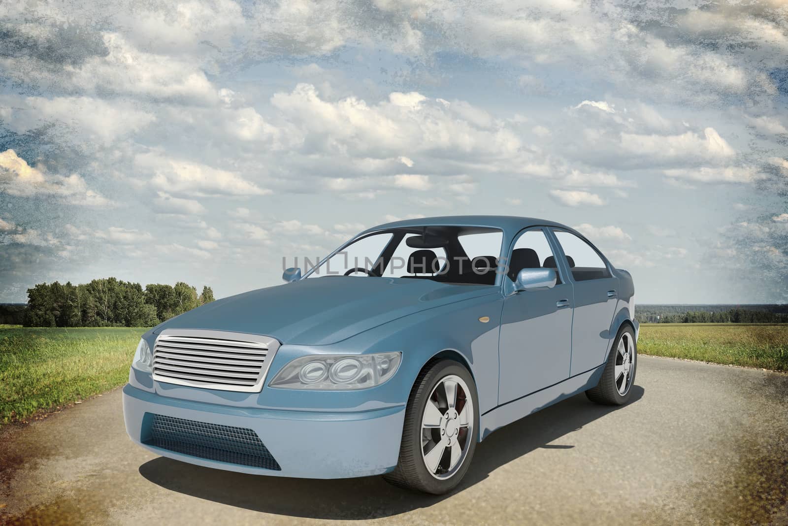 Blue car on nature background with road, side view