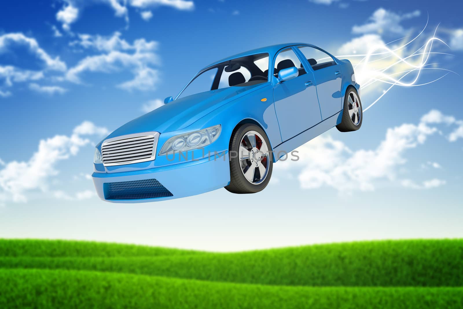 Flying blue car on nature background with green field