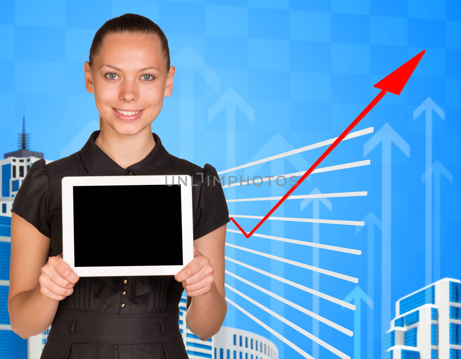 Smiling young woman holding tablet and looking at camera on abstract blue background with red arrow