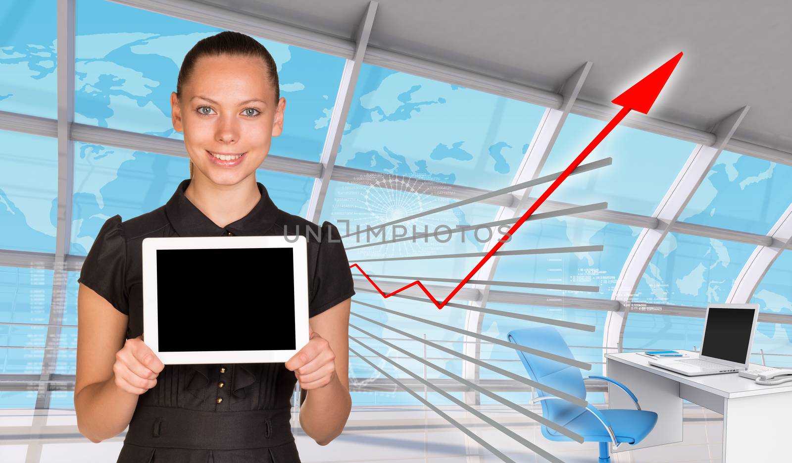 Businesslady in business center and blue sky with clouds background, interior view