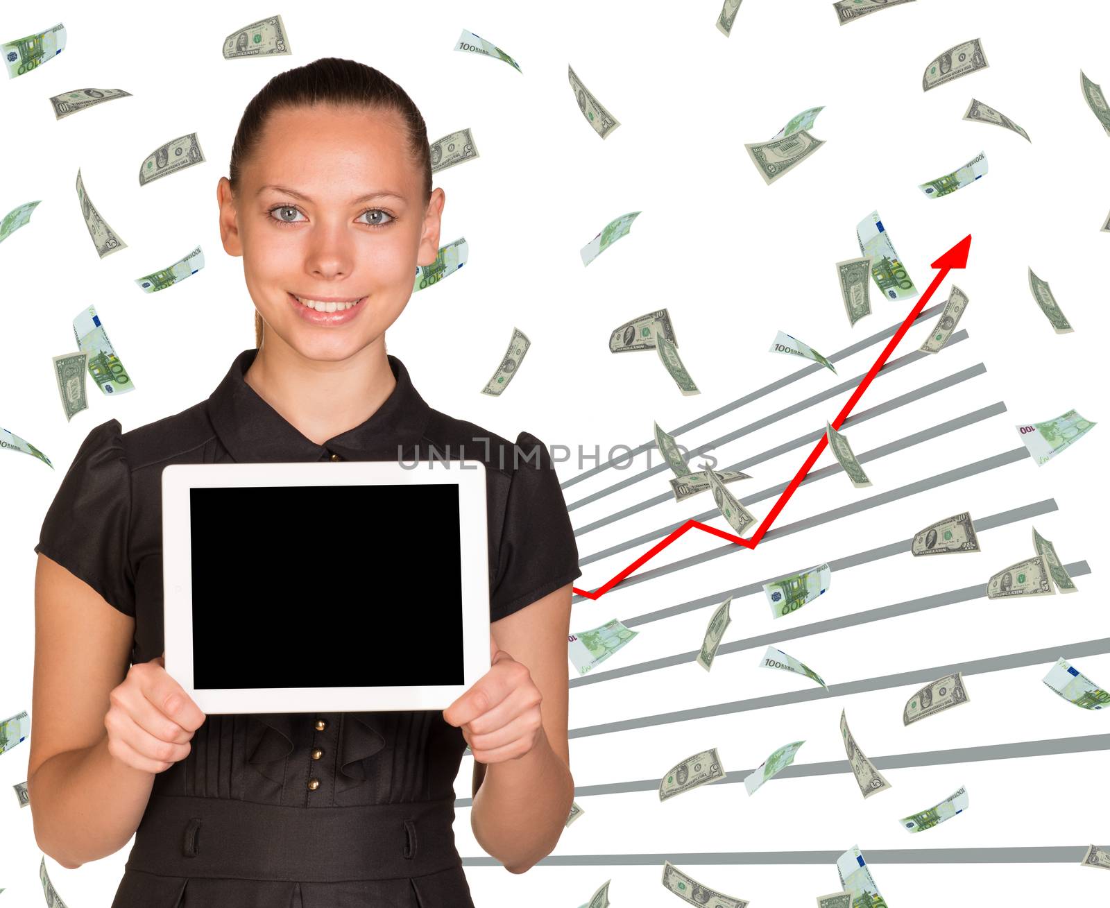 Businesswoman and graphical chart under money rain on isolated white background