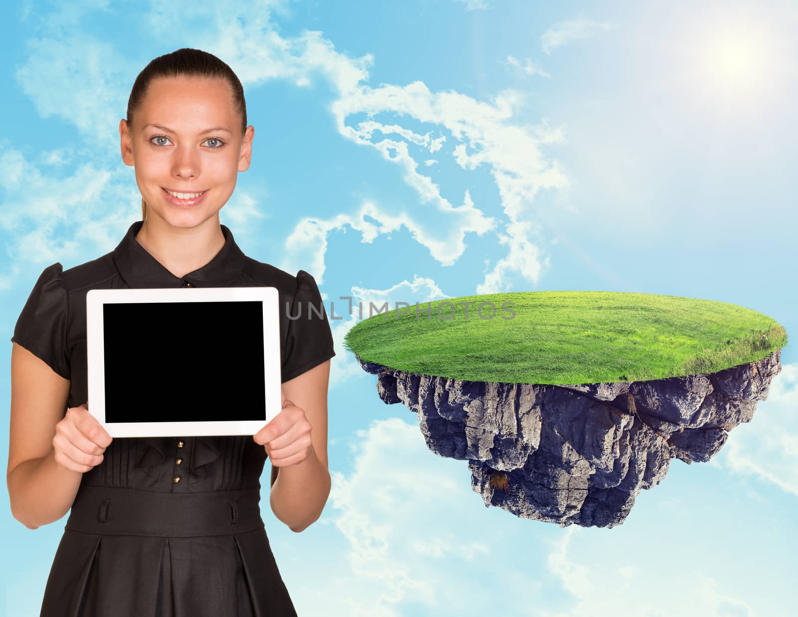 Businesswoman with tablet and island in sky by cherezoff