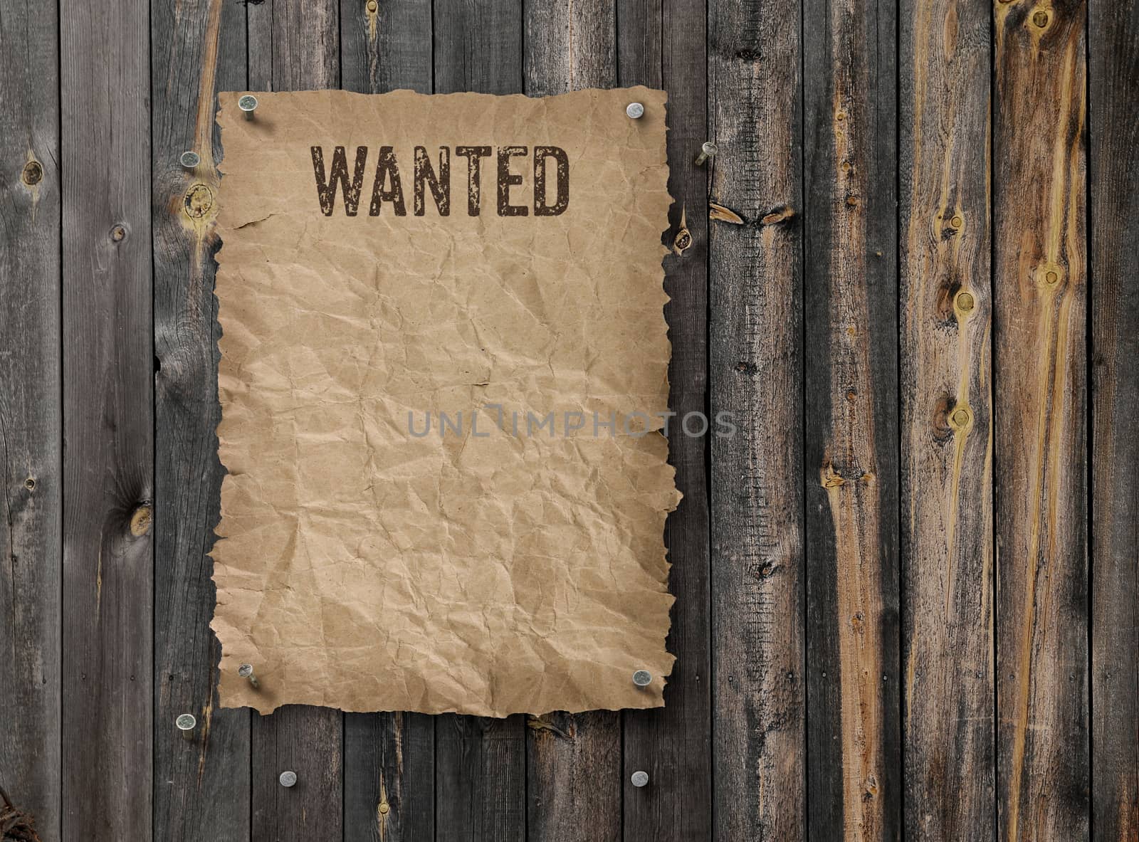 Wild West wanted poster on weathered plank wood wall
