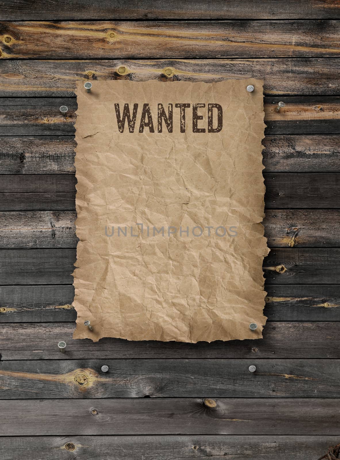 Wanted poster on weathered plank wood wall by anterovium
