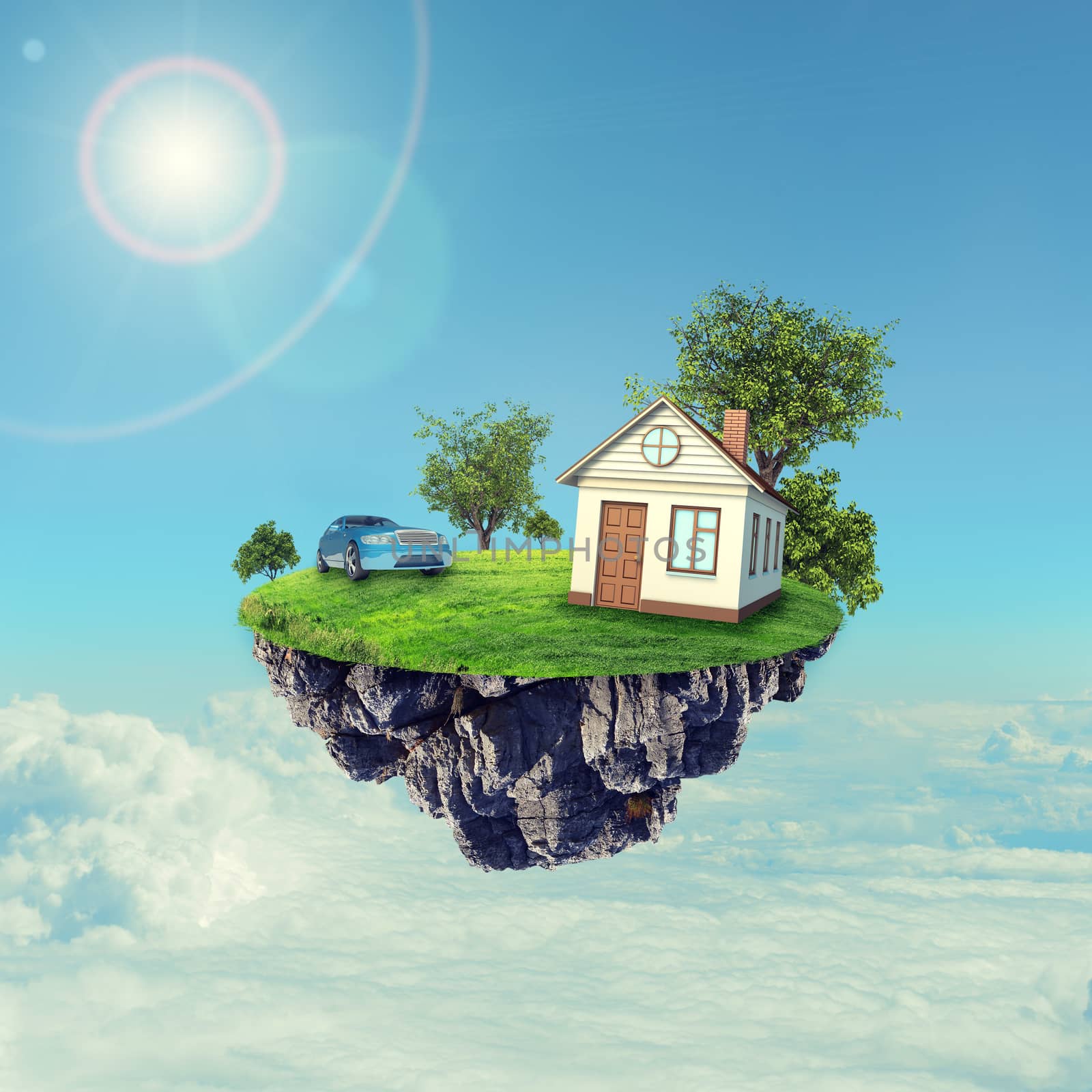 White house with brown roof and car on island in sky with clouds and sun