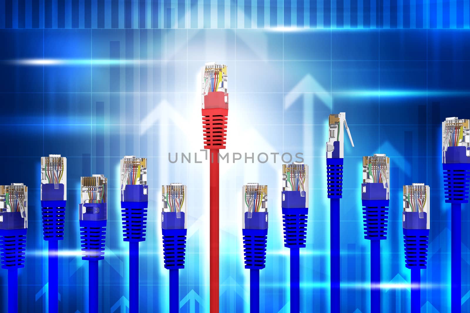 Set of computer cables on abstract blue background with arrows