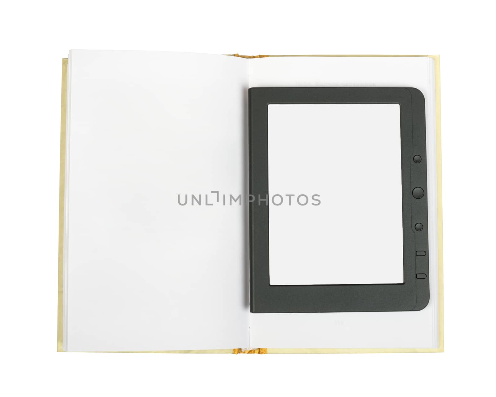 Electronic book reader and blank paper book on isolated white background