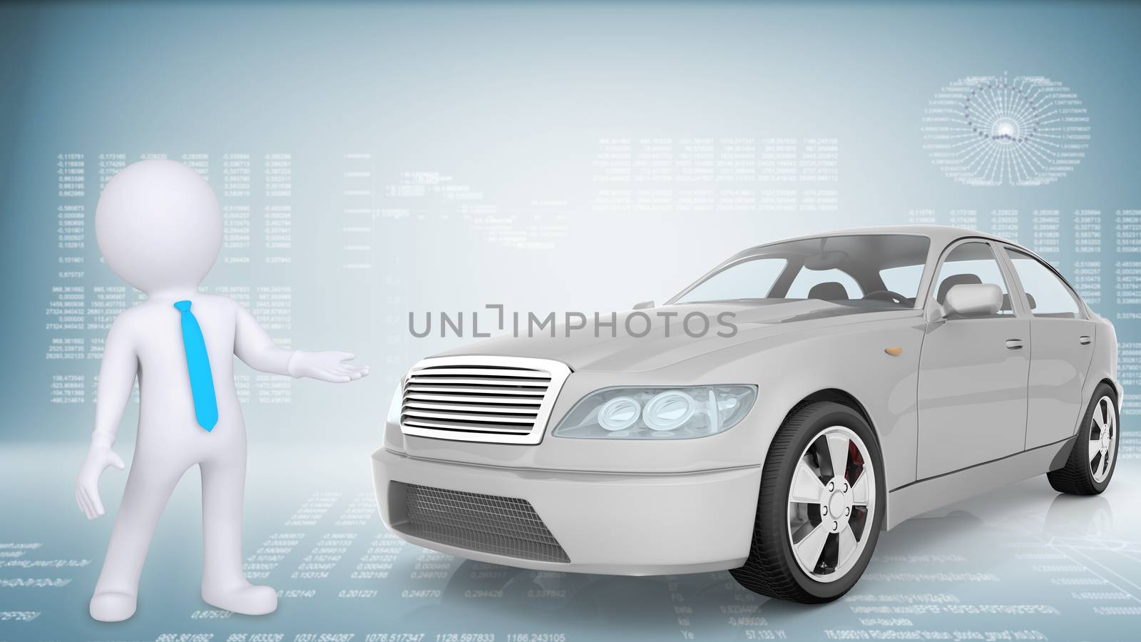 Puppet with white car on abstract background and graphs