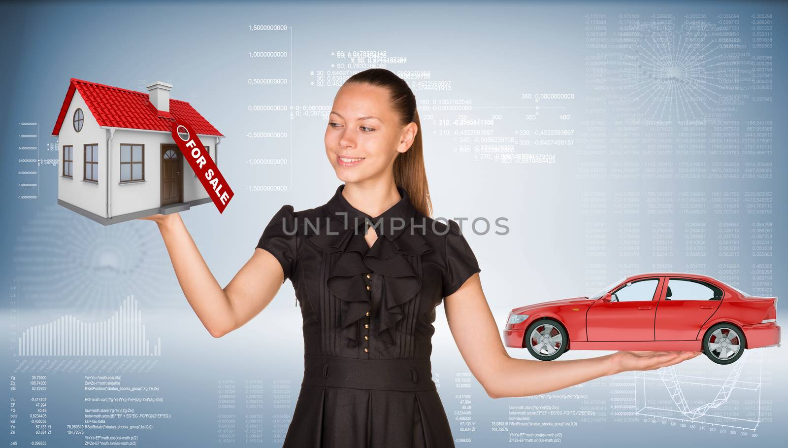 Businesslady holding car and house on abstract blue background, looking at house