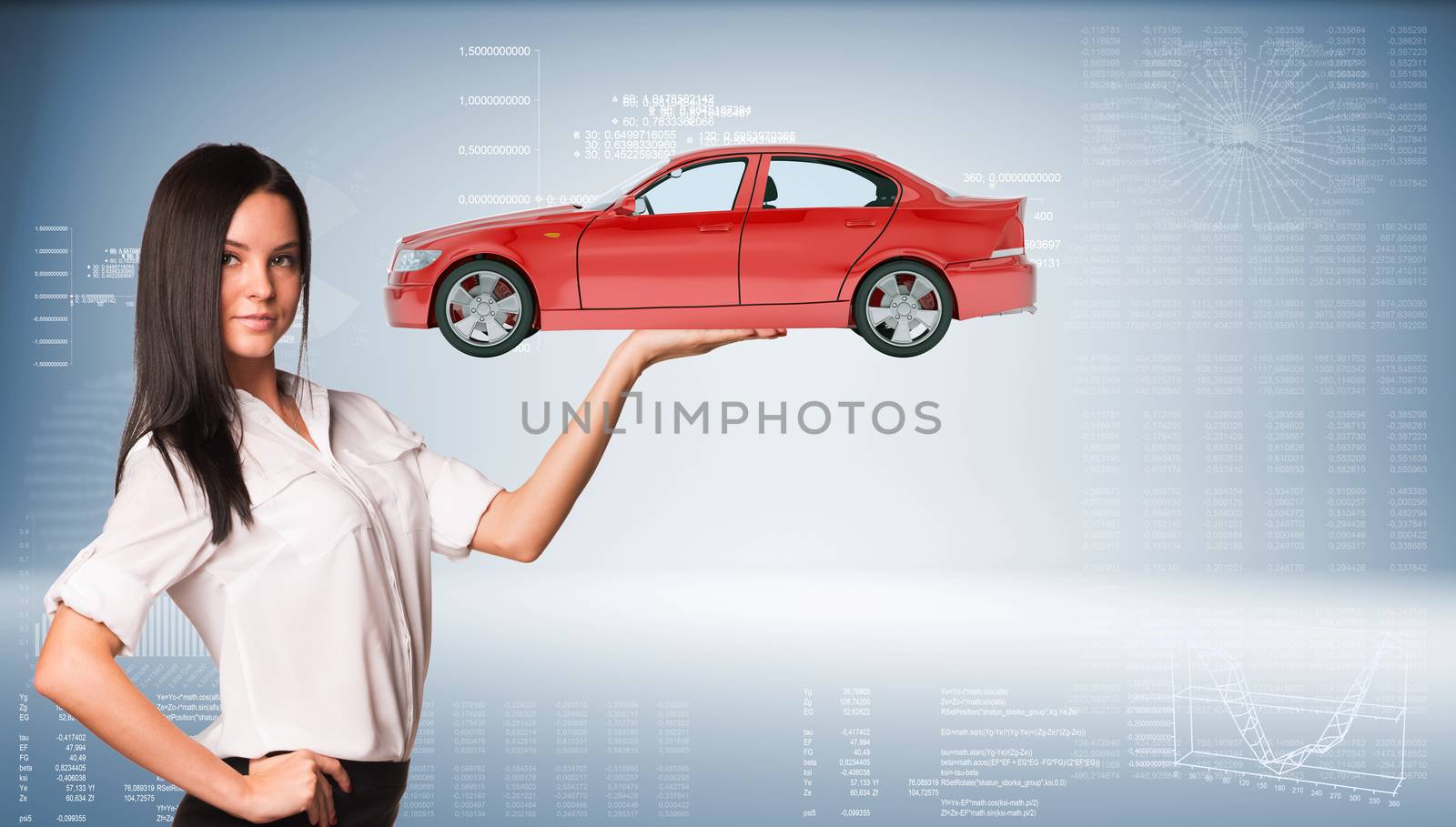 Businesslady holding car on abstract blue background, looking at camera