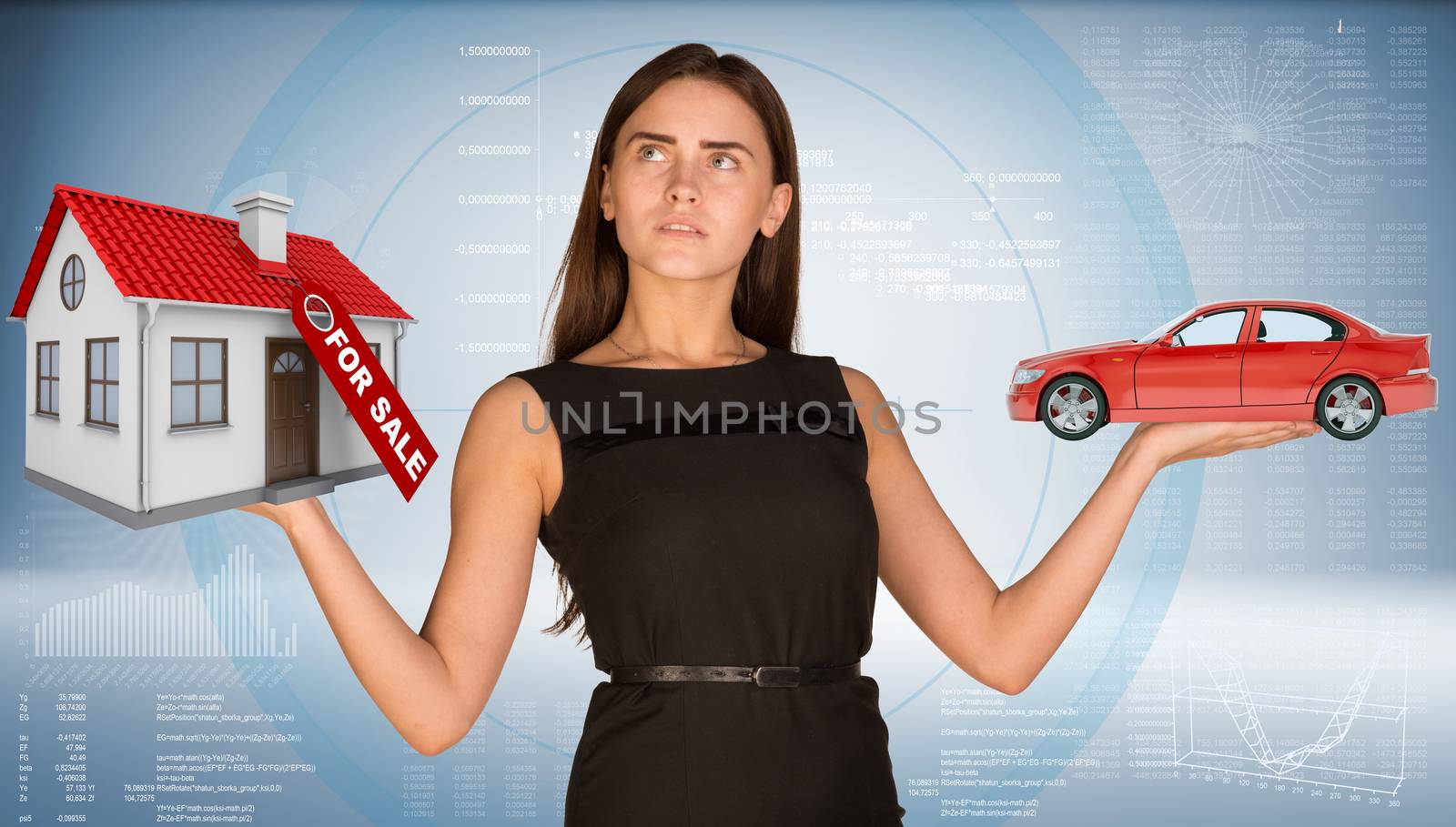 Businesslady holding car and house on abstract blue background, looking up