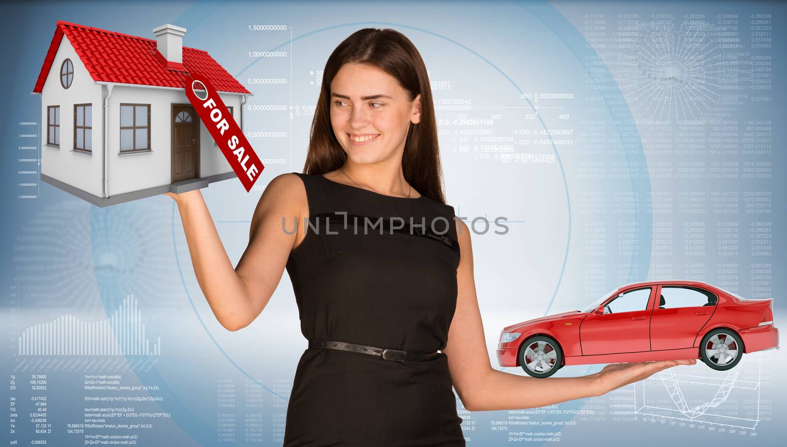 Smiling businesslady holding car and house on abstract blue background, looking at house