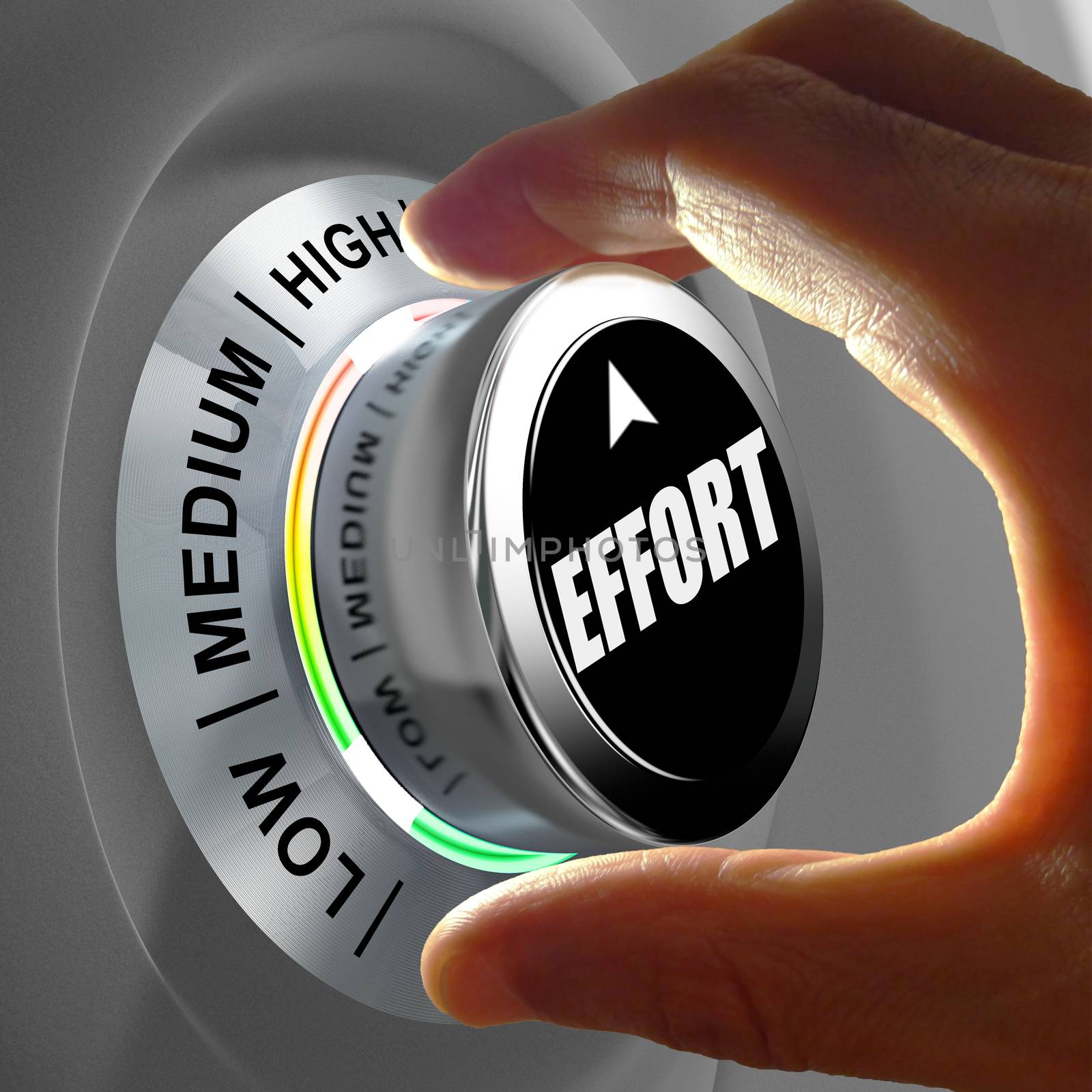 Hand rotating a button and selecting the level of effort. This concept illustration is a metaphor for choosing the level of effort in order to reach a goal. Three levels are available: low, medium and high.
