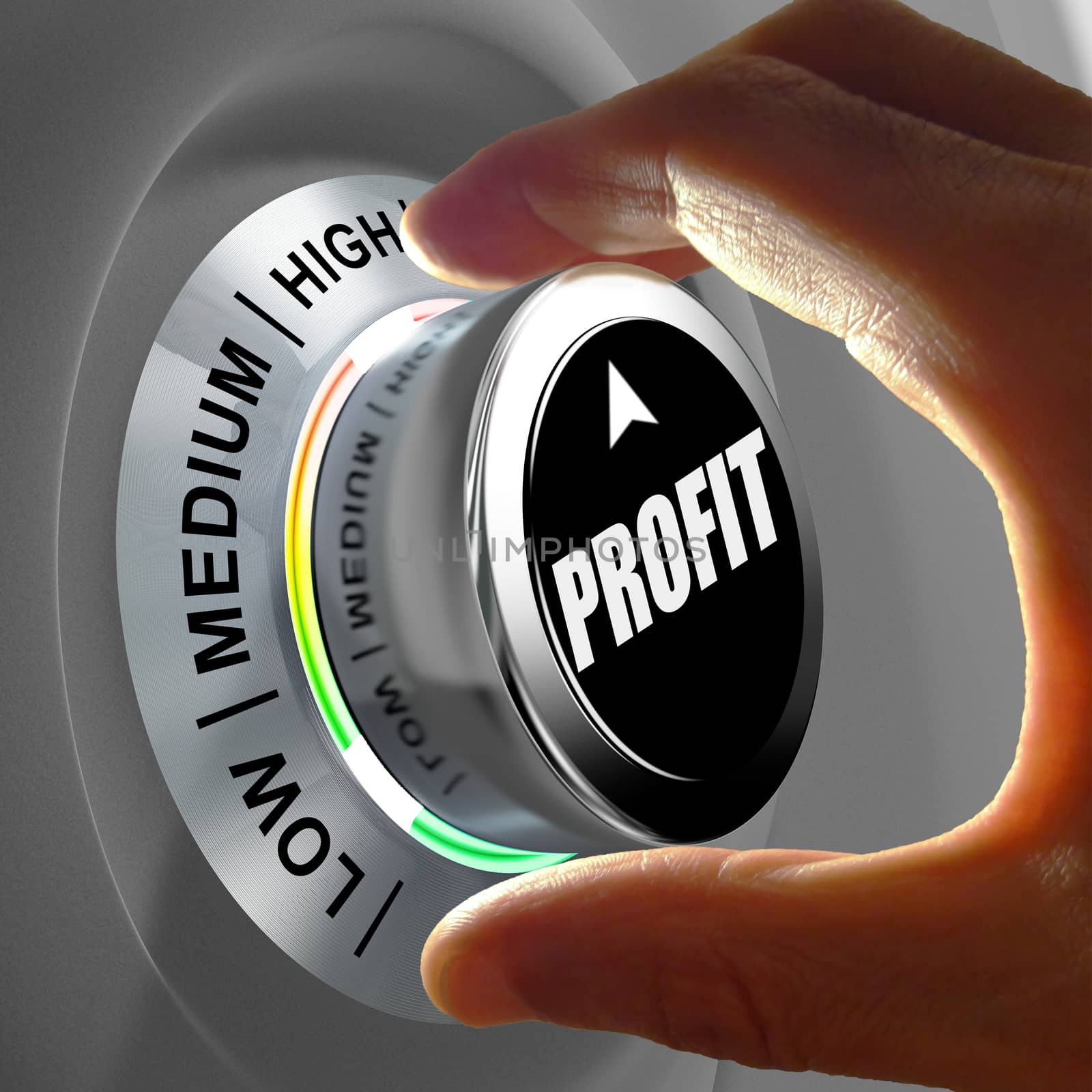 Hand rotating a button and selecting the level of profit. This concept illustration is a metaphor for choosing the level of profit. Three levels are available: low, medium and high.