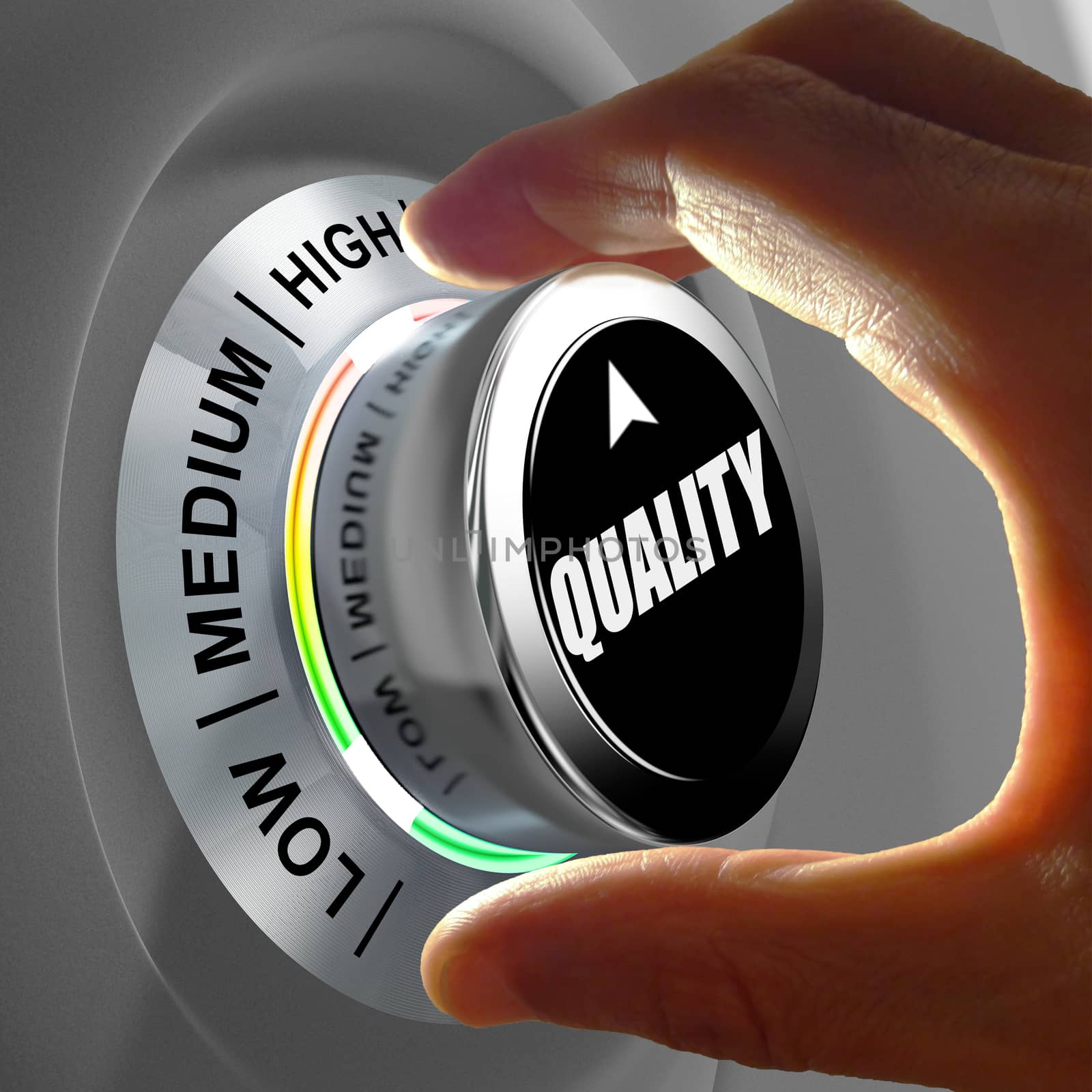 Hand rotating a button and selecting the level of quality. This concept illustration is a metaphor for choosing the level of quality. Three levels are available: low, medium and high.