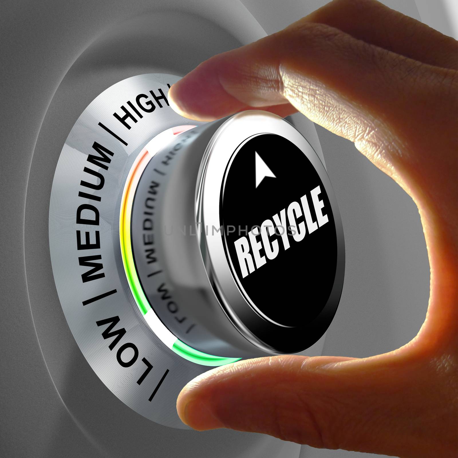 Hand rotating a button and selecting the level of recycling. This concept illustration is a metaphor for choosing the level of recycling. Three levels are available: low, medium and high.
