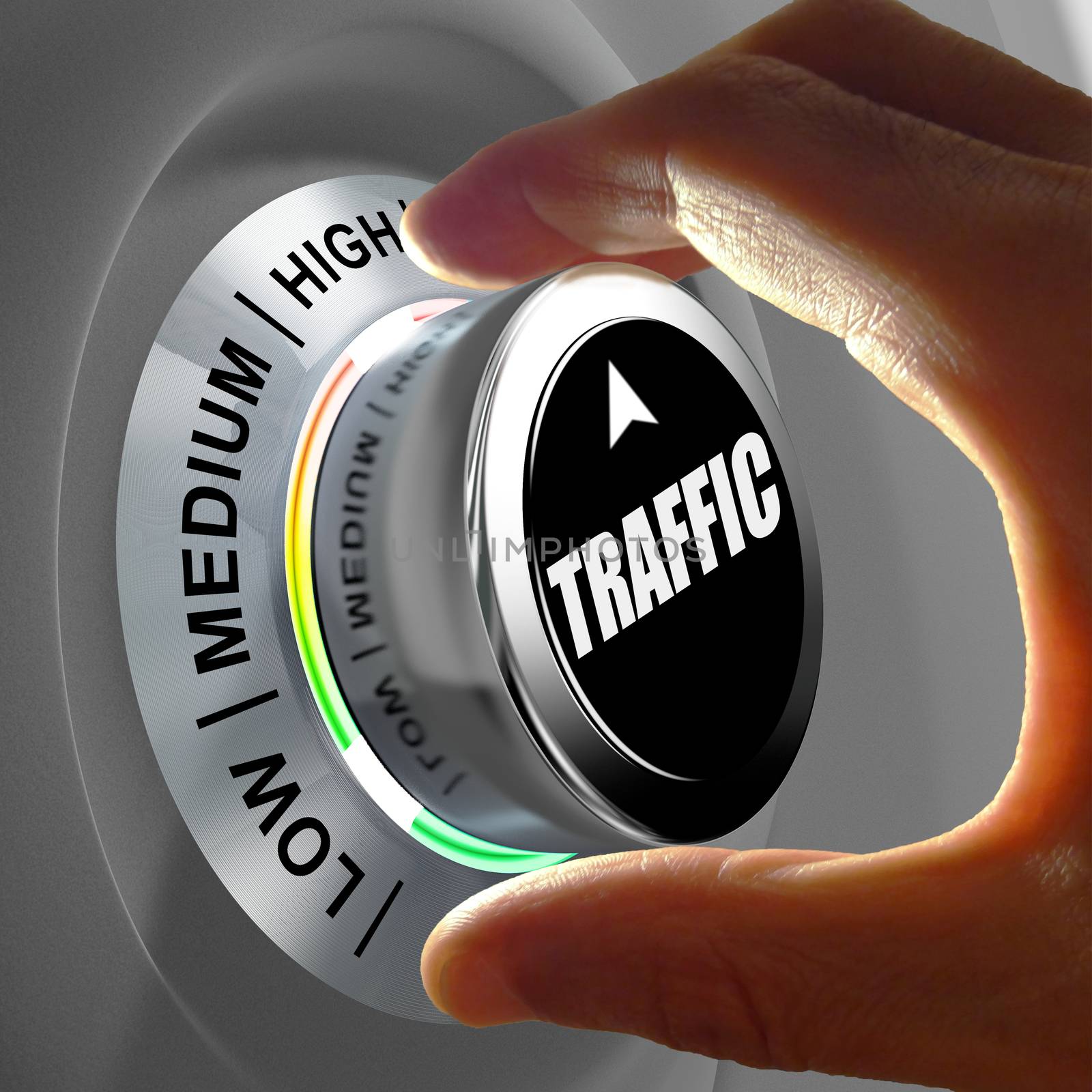 Hand rotating a button and selecting the level of traffic. This concept illustration is a metaphor for choosing the level of traffic (web site, car...) . Three levels are available: low, medium and high.