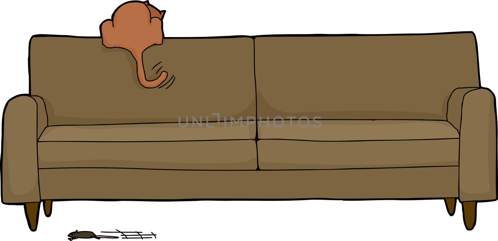 Cartoon of brown housecat looking for mouse under sofa