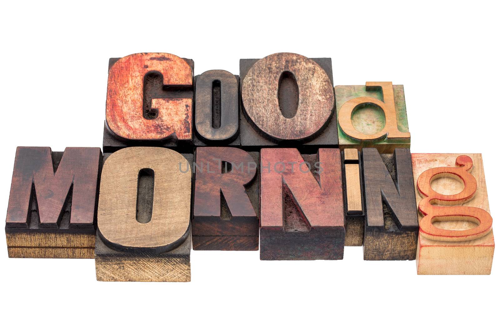 Good morning word abstract - isolated text in vintage  mixed letterpress wood type printing blocks
