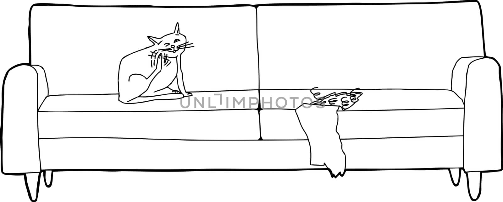 Cartoon outline of cat sitting on ripped sofa