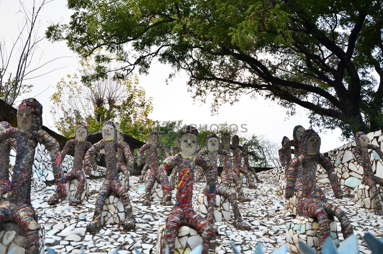 Chandigarh, India - January 4, 2015: Rock statues at the rock garden on January 4, 2015 in Chandigarh, India. The rock garden was founded by artist Nek Chand in 1957 and is made completely of recycled waste.