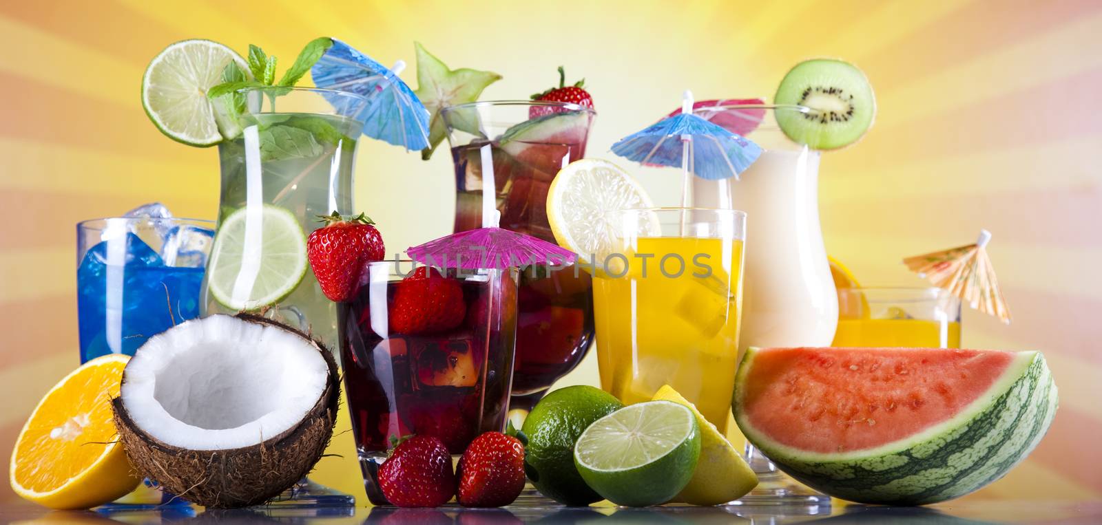 Alcohol drinks, beach background, natural colorful tone