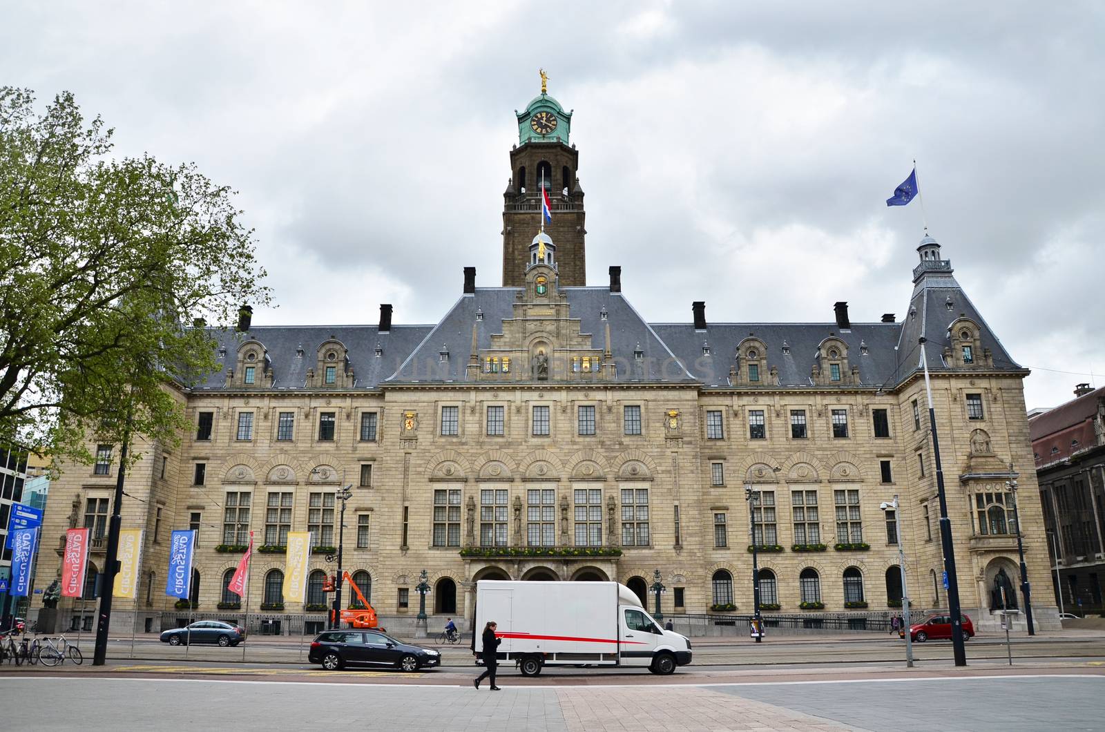 Rotterdam, Netherlands - May 9, 2015: People visit Town hall of Rotterdam on May 9, 2015. The foundation stone was laid by Queen Wilhelmina on July 15, 1915.