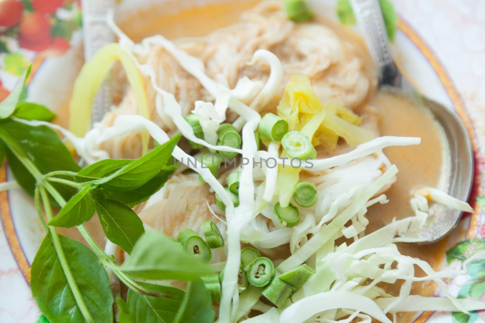 Liquid noodles. The food is spicy, Thailand and eaten with fresh vegetables.