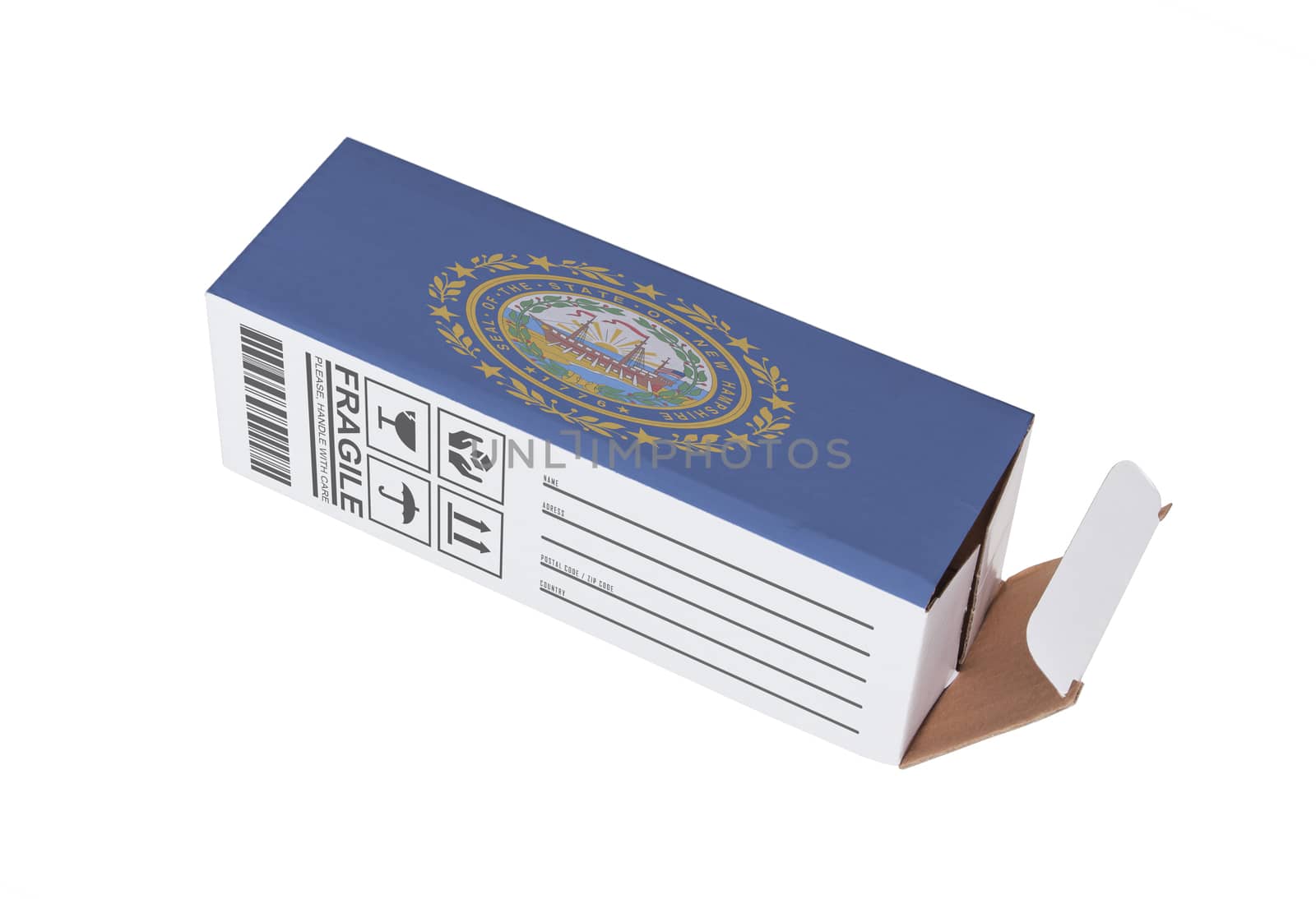 Concept of export, opened paper box - Product of New Hampshire