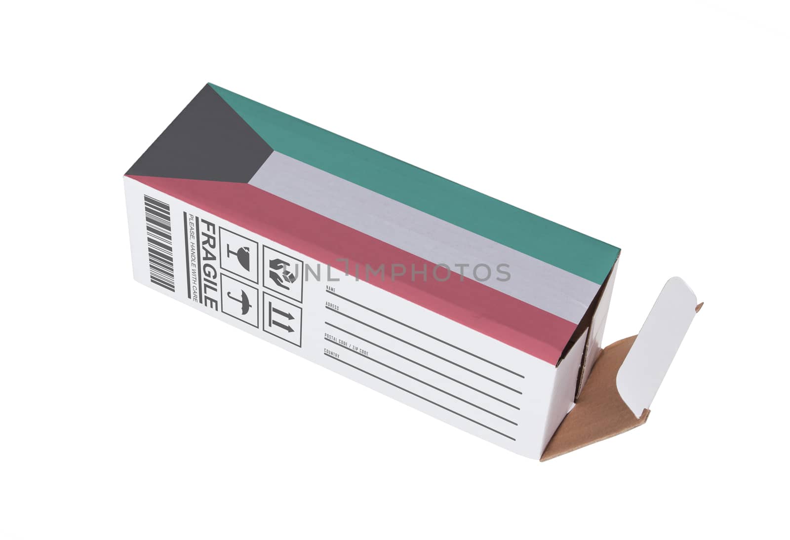 Concept of export, opened paper box - Product of Kuwait
