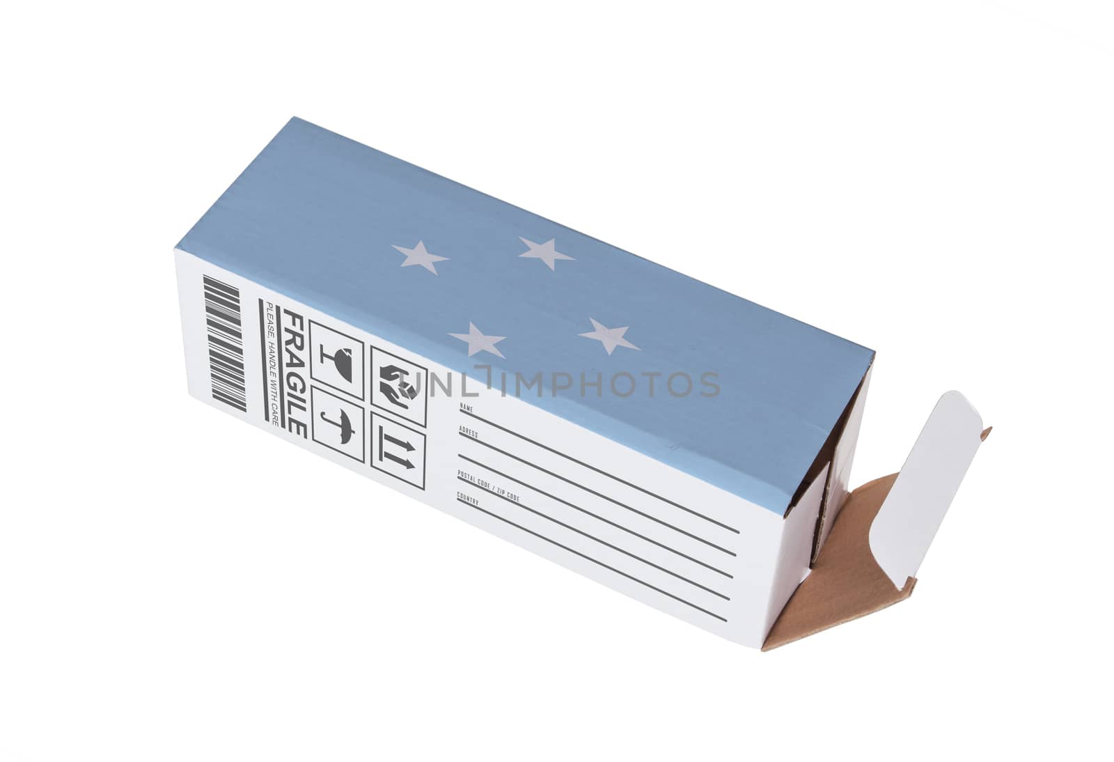 Concept of export, opened paper box - Product of Micronesia