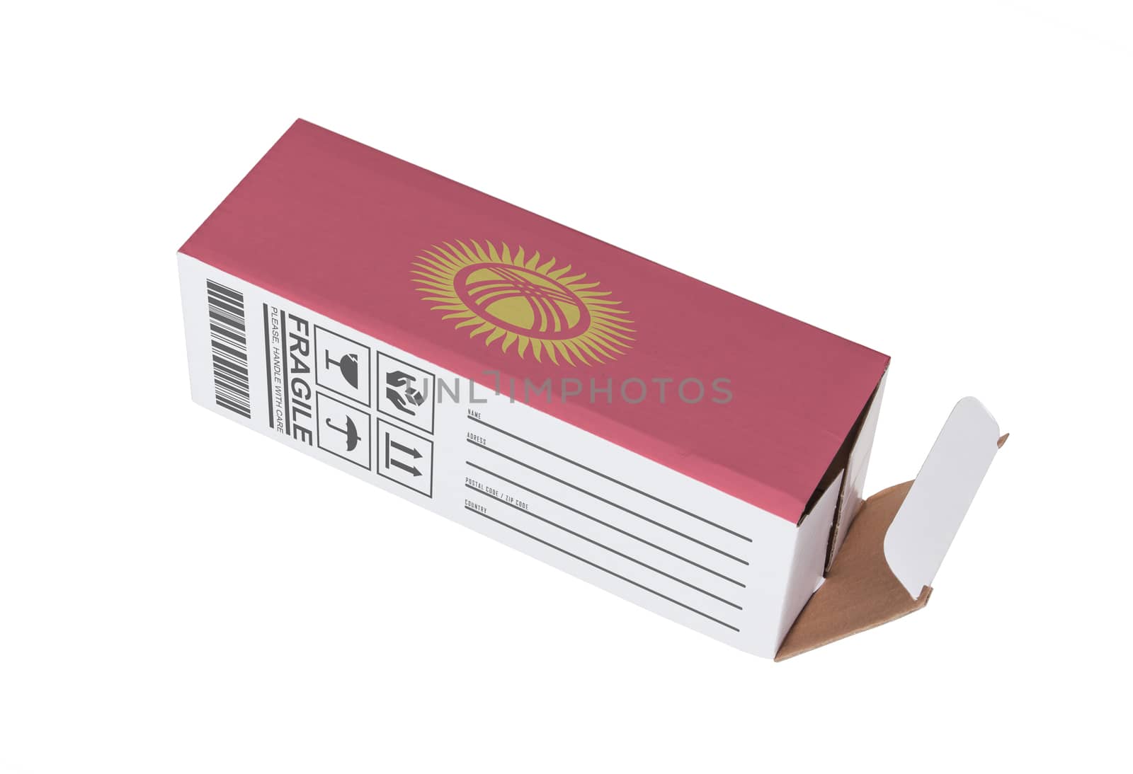 Concept of export, opened paper box - Product of Kyrgyzstan