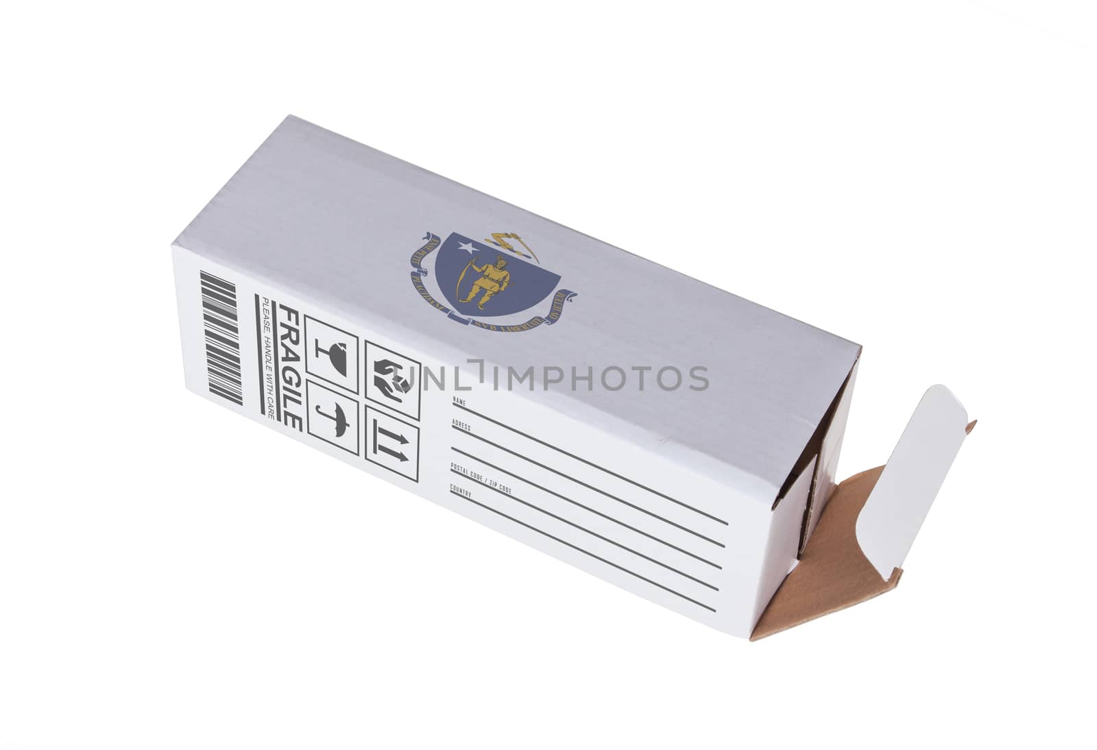 Concept of export, opened paper box - Product of Massachusetts