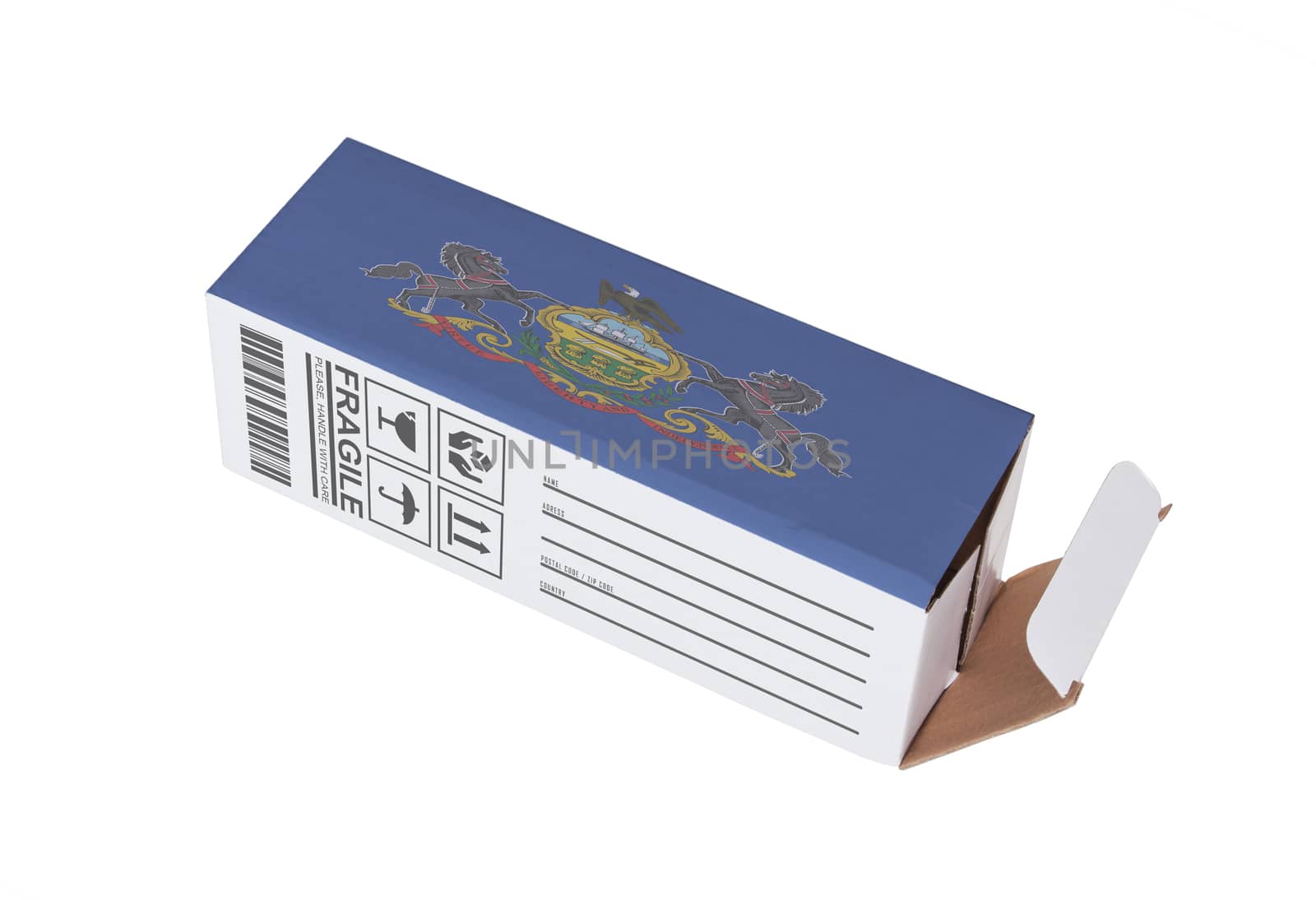 Concept of export, opened paper box - Product of Pennsylvania