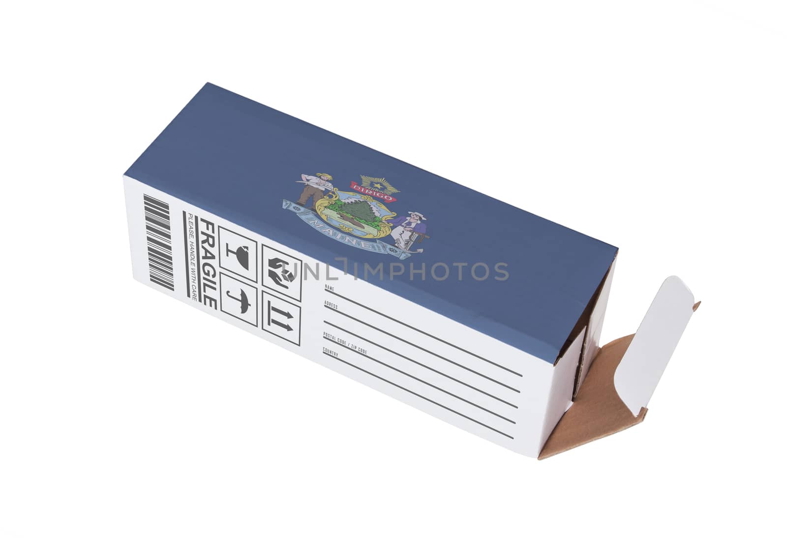Concept of export, opened paper box - Product of Maine