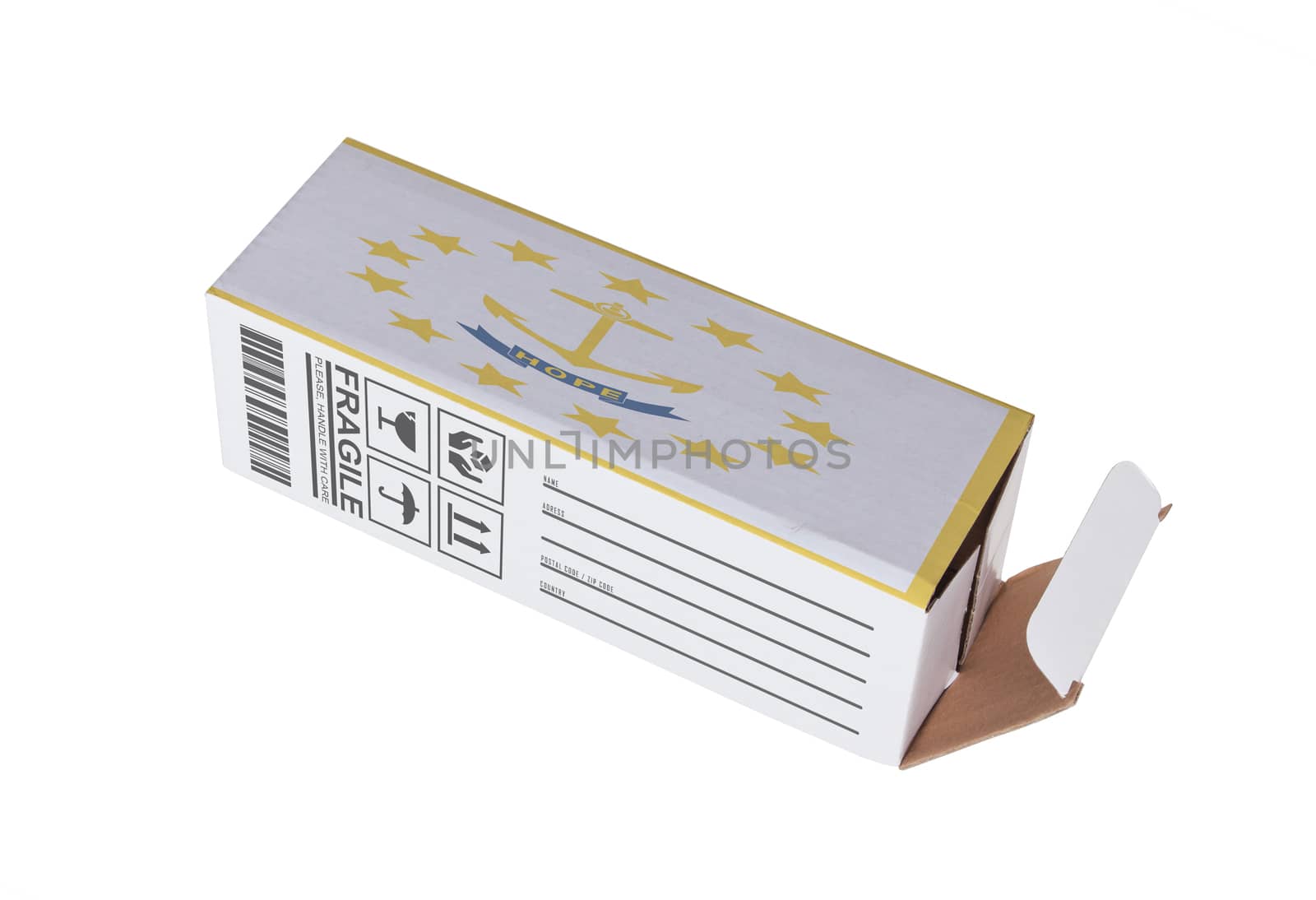 Concept of export, opened paper box - Product of Rhode Island