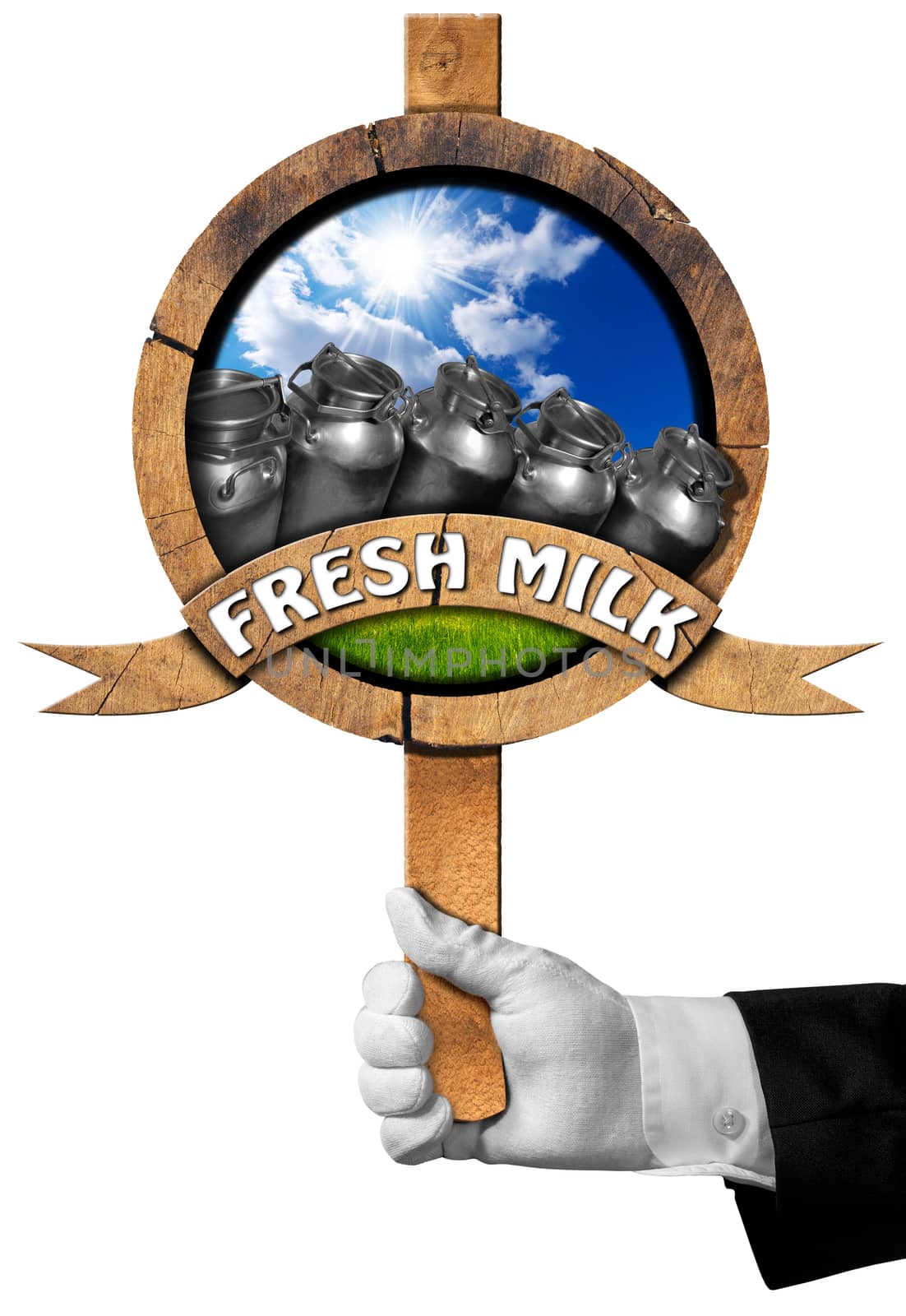 Hand of waiter holding a wooden sign with cans for the transport of milk, blue sky and green grass, wooden ribbon with text Fresh milk. Isolated on white background
