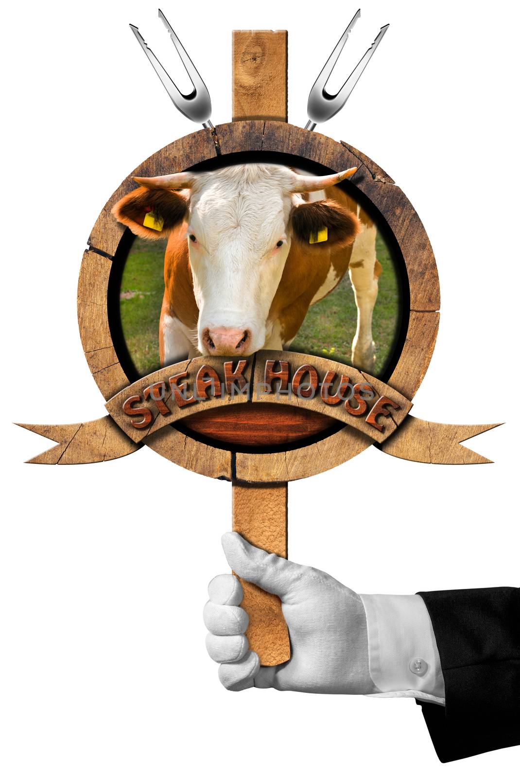 Hand of waiter holding a wooden sign with head of cow, forks and wooden ribbon with text, steak house. Isolated on white background