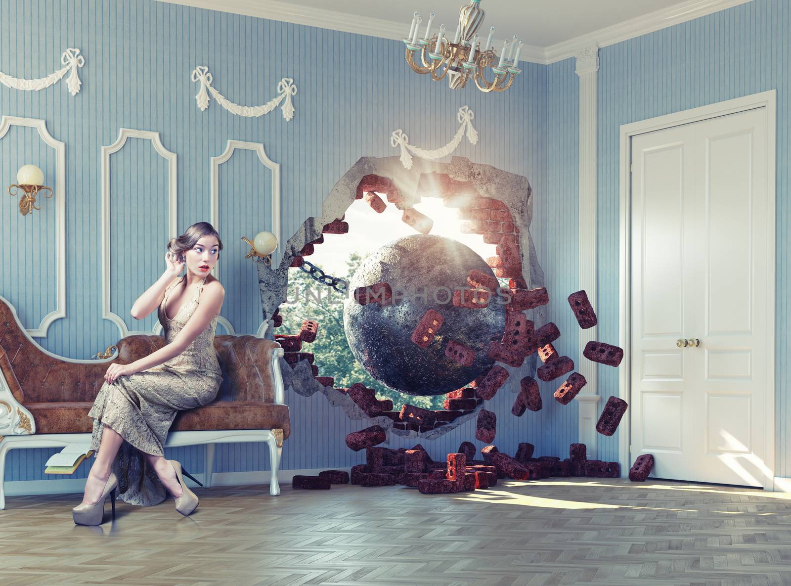 wrecking ball enters the room, scaring the woman on the sofa. Photo combination creative concept