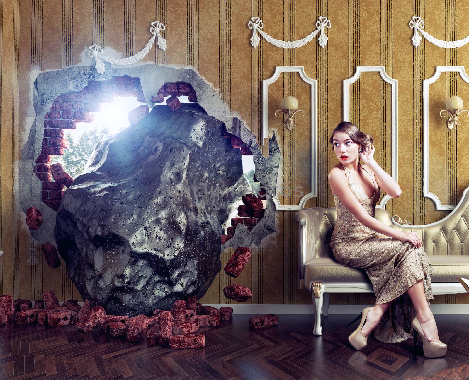 Meteorite enters the room, scaring the woman on the sofa. Photo combination creative concept