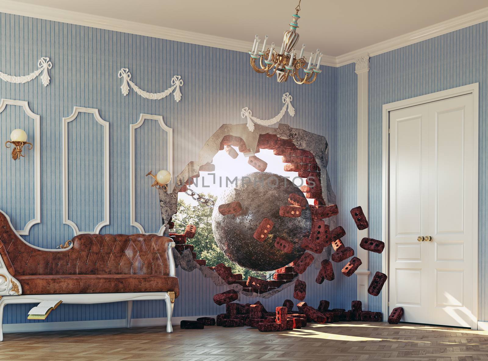 wrecking ball enters the room. 3d creative concept