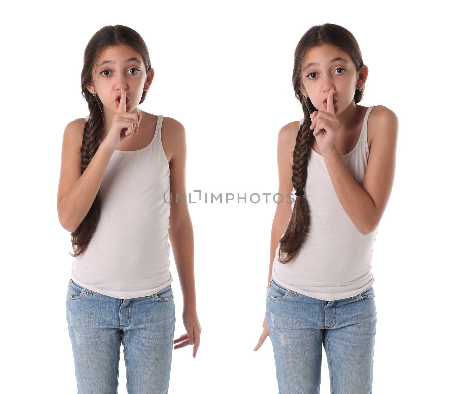 Collage of a young girl doing the silence sign. Isolated on white background