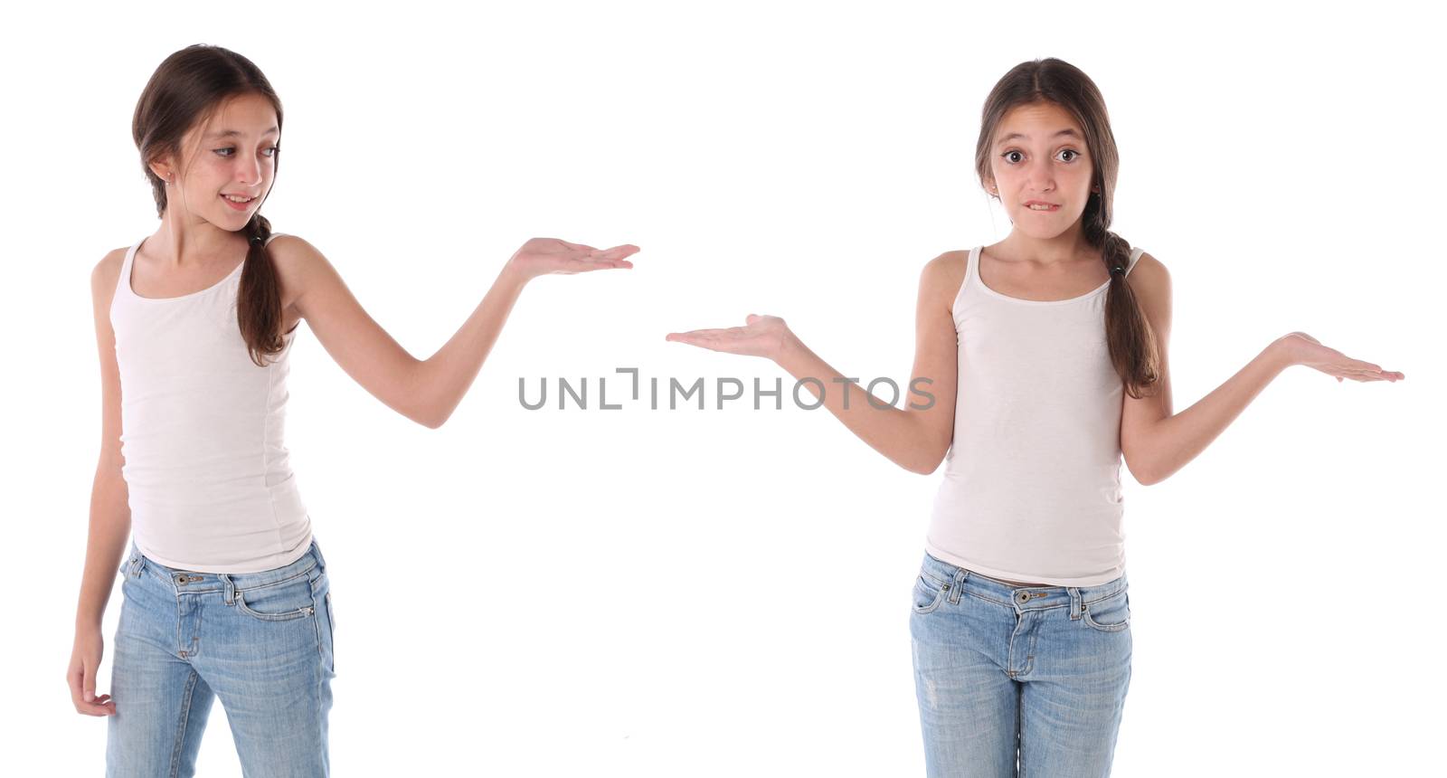 Collage of a young girl  holding blank copy space with her palm. Isolated on white