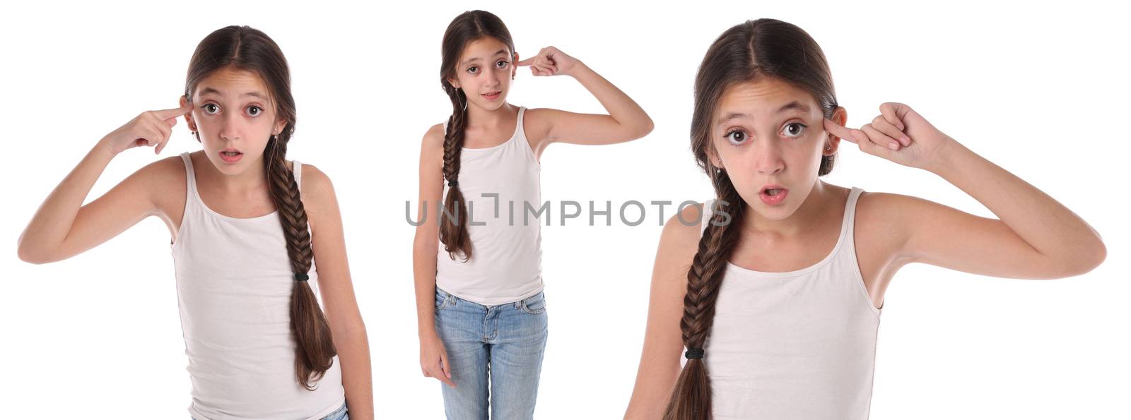 Collage of a young girl doing the crazy sign. Isolated on white background
